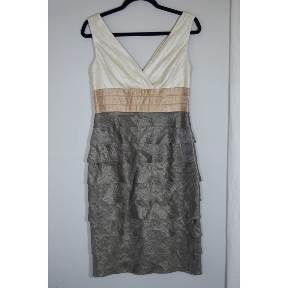 Adrianna Papell ruffled gray cream tan dress size 6